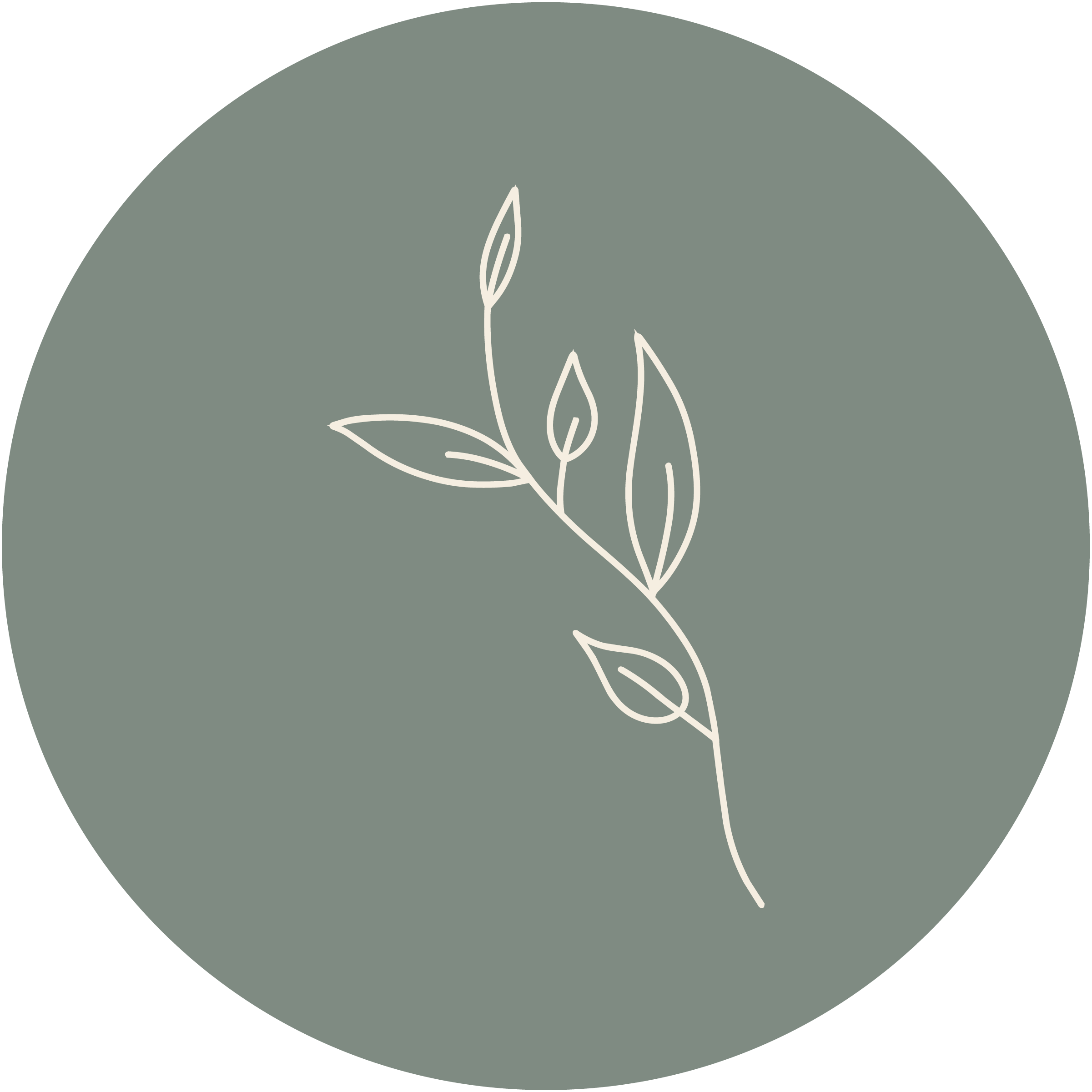 white line drawing of a leaf on a slate blue circle background.
