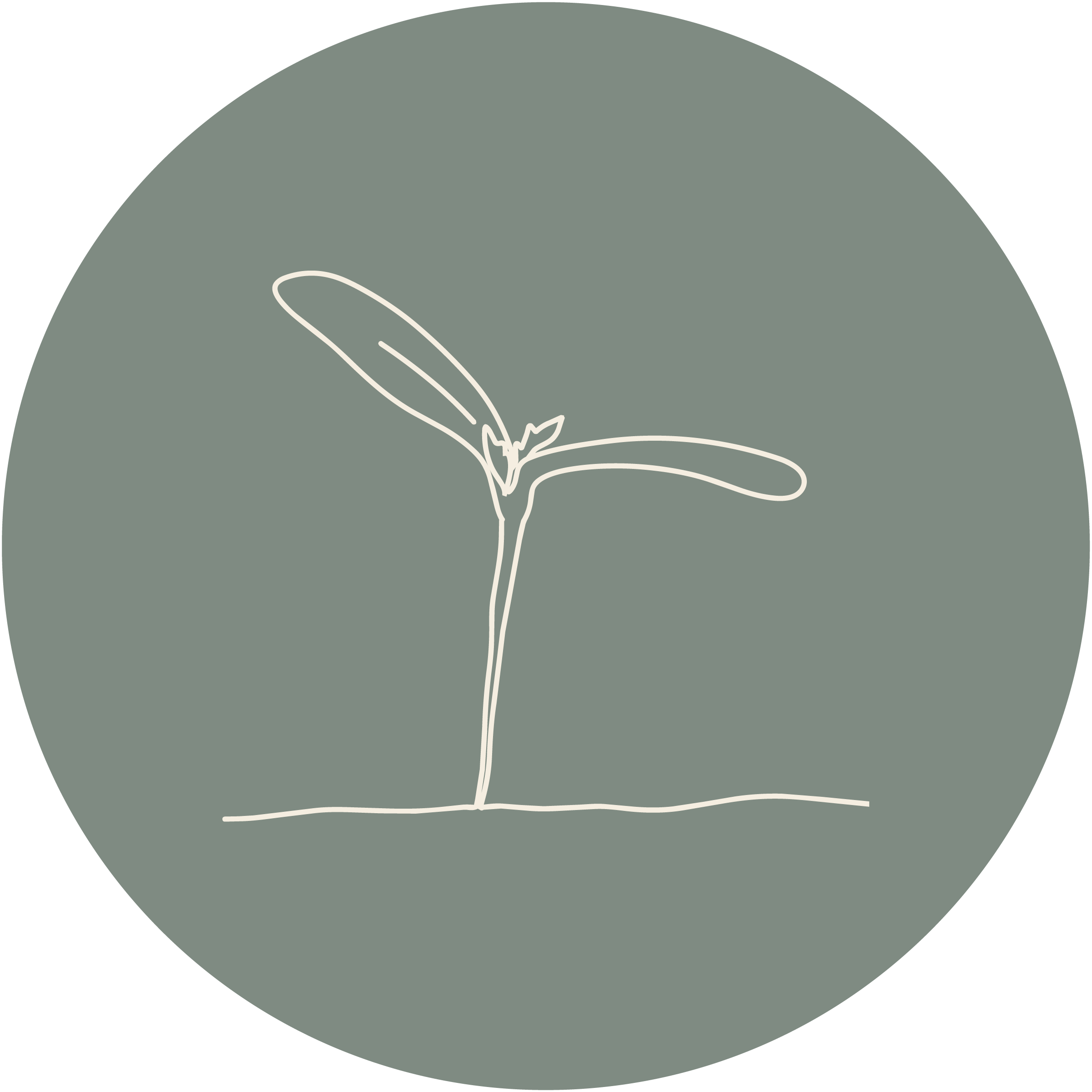 white sprout line drawing on a slate blue circle background