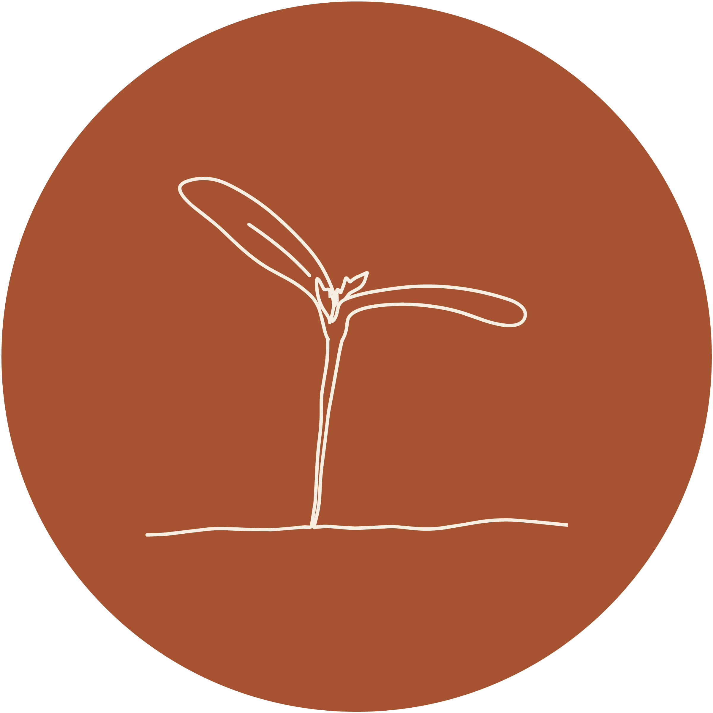 white line drawing of a flower sprout on a terracotta circle backgorund.