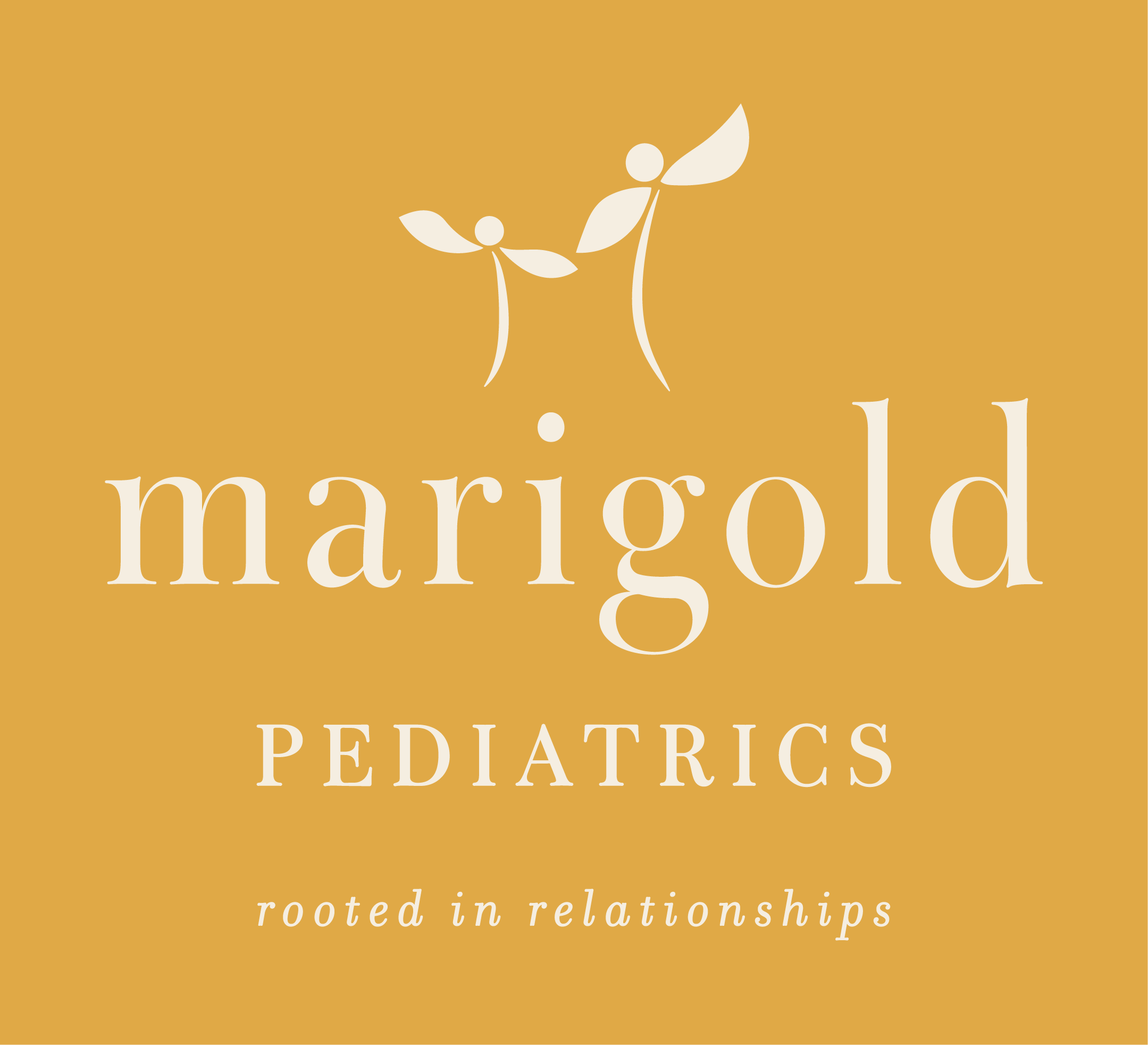 Primary Marigold Pediatrics logo, including logomark, business name, and tagline. Cream logo on marigold background.