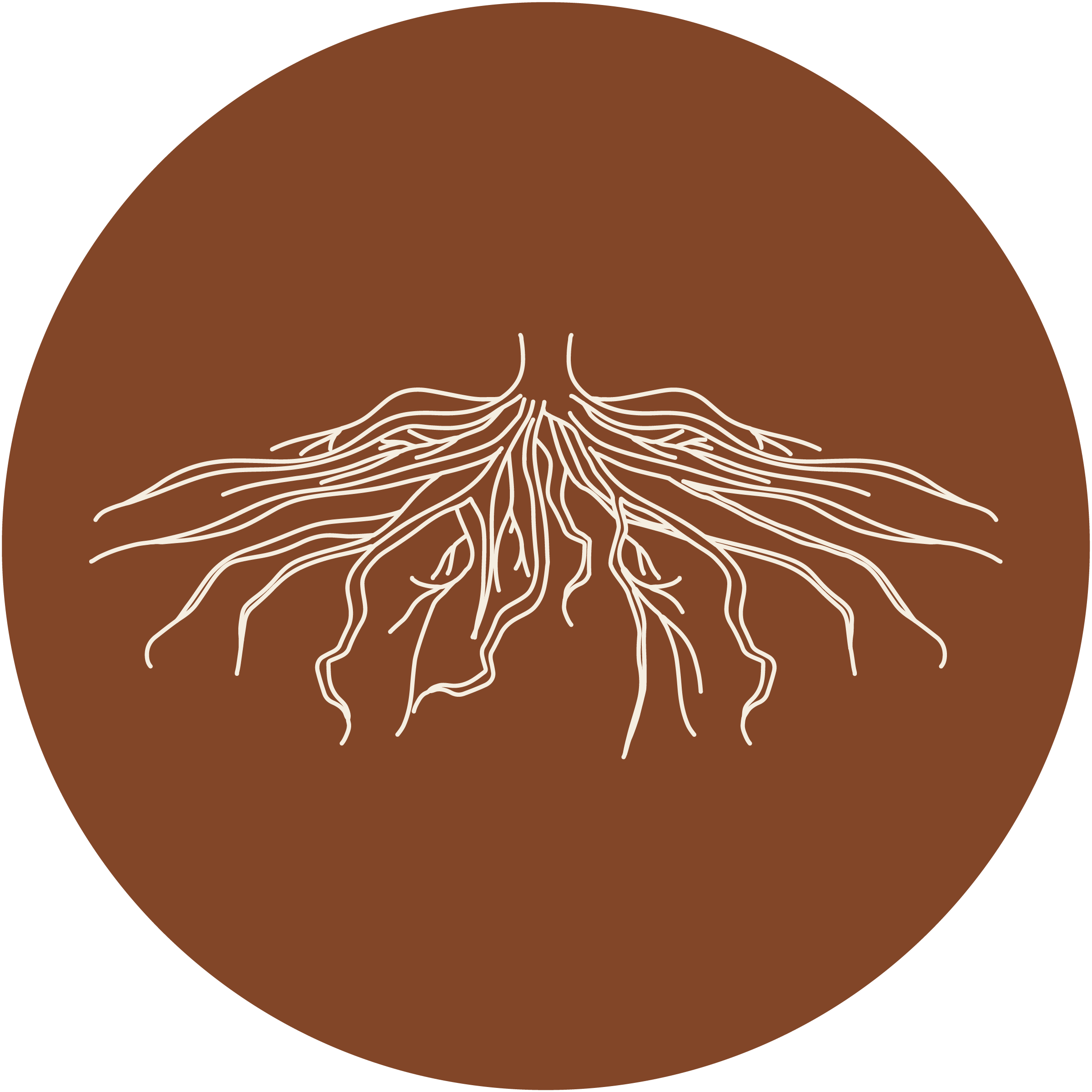 white line drawing of tree roots on a brown circle background.