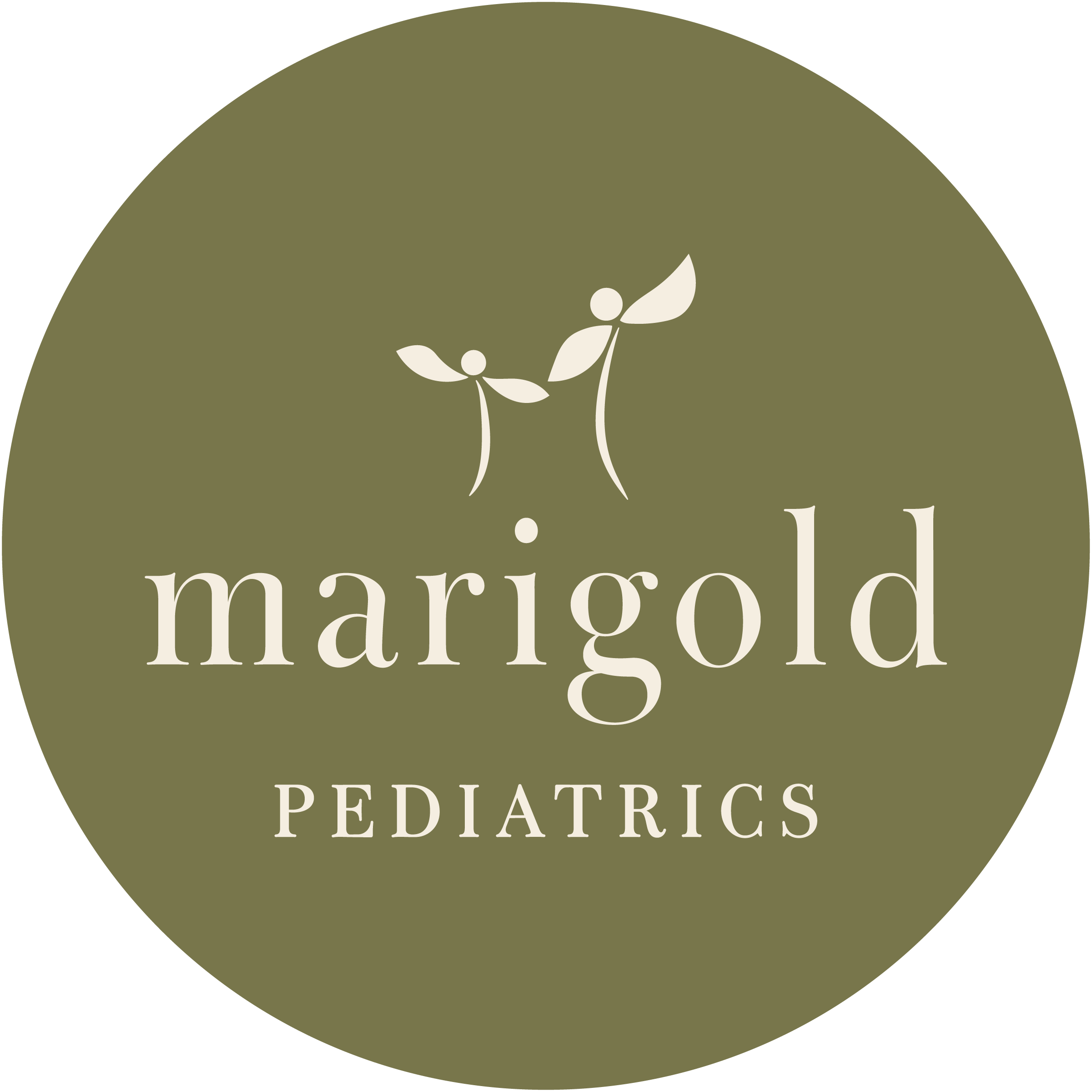 The Marigold Pediatrics submark in cream on a green circle background.
